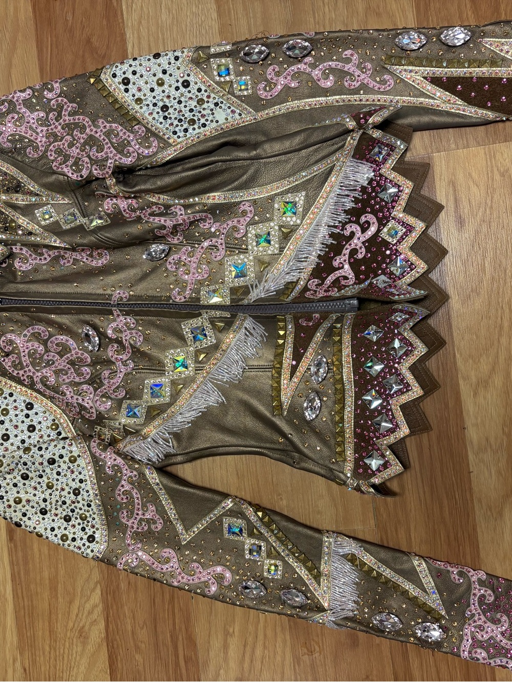 Metallic Brown Leather Jacket with Pink Accents and Crystal Embellishments